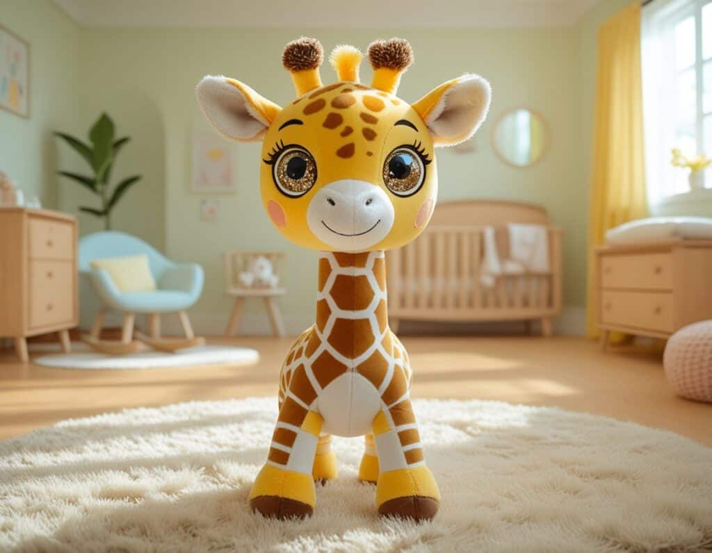 Glubschi Giraffe Plüschtier mit großen Kulleraugen im Kinderzimmer