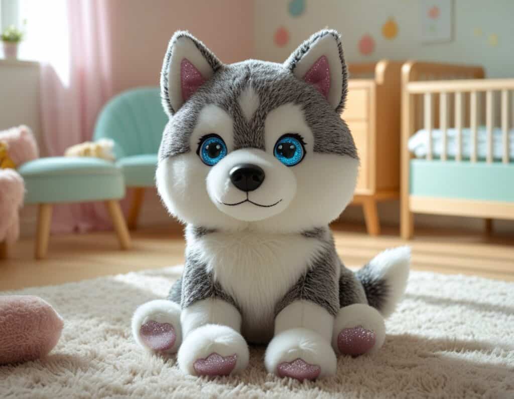 Glubschi Husky Plüschtier mit großen Kulleraugen im Kinderzimmer