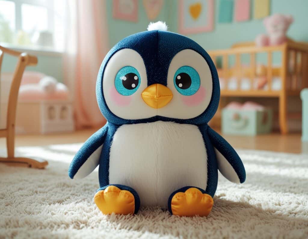 Glubschi Pinguin Plüschtier mit großen Kulleraugen im Kinderzimmer