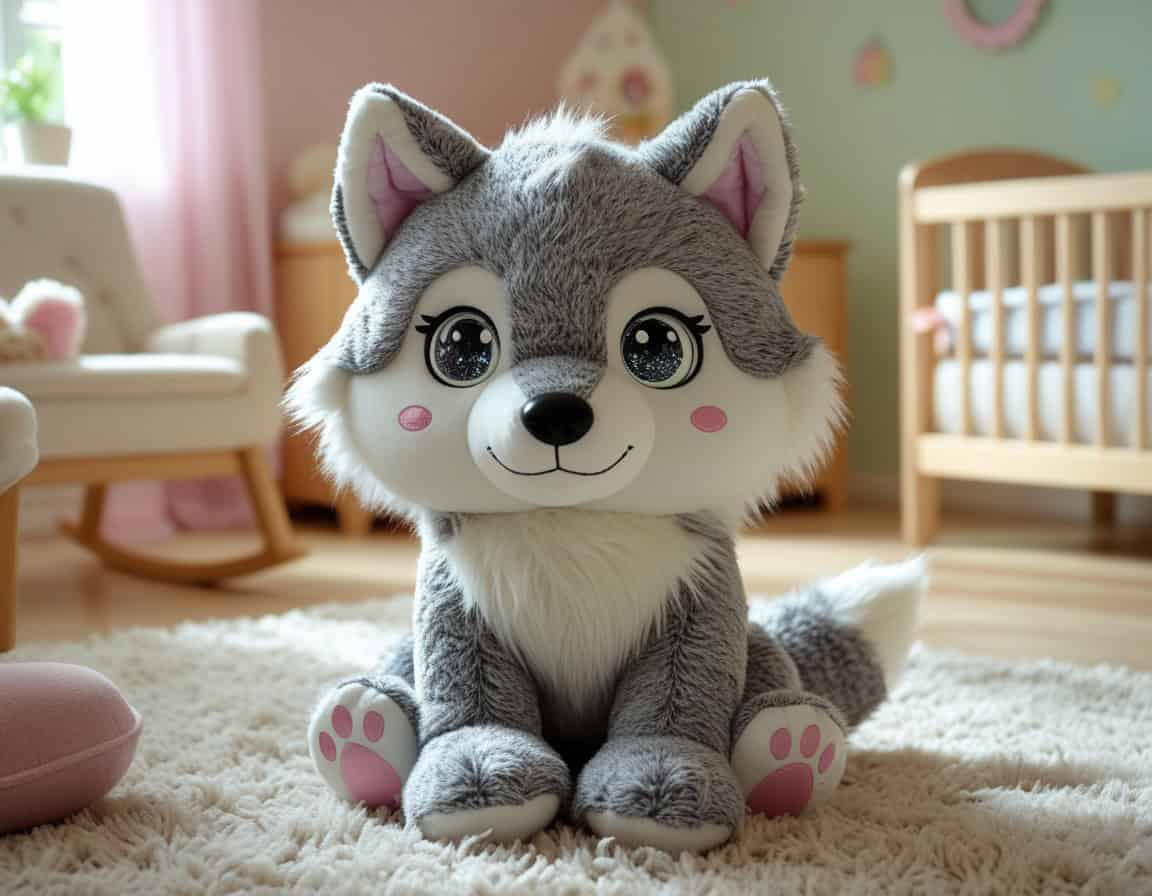Glubschi Wolf Plüschtier mit großen Kulleraugen im Kinderzimmer
