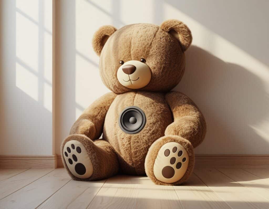 Teddybär mit Brummstimme auf Holzboden